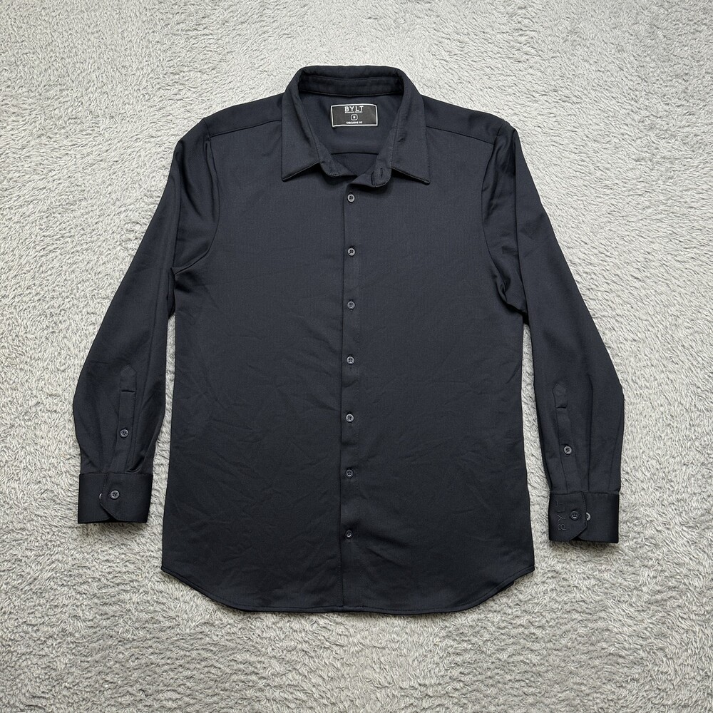 Bylt Shirt Mens M Blue Button Up Executive Stretch Curved Hem Logo